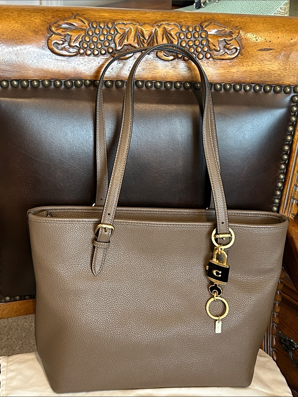 Coach Pebbled Leather Tote in Taupe Brown with Gold Hardware